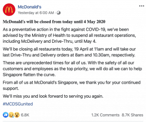 McDonald Singapore To Close Till May 4th As Preventative Measures For COVID-19